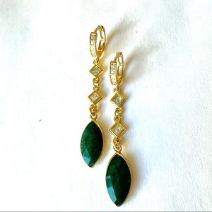 Emerald genuine gemstone long drop lightweight earring on gold hoops